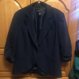 INC navy cotton blazer with 3/4 rouched sleeves